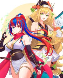 2girls absurdres female_alear_(fire_emblem) alternate_costume blonde_hair blue_eyes blue_hair breasts celine_(fire_emblem) celine_(ninja)_(fire_emblem) cleavage fire_emblem fire_emblem_engage fire_emblem_heroes heterochromia highres japanese_clothes long_hair looking_at_viewer medium_breasts multiple_girls ninja nintendo official_alternate_costume official_alternate_hairstyle red_eyes red_hair salute skindentation small_breasts smile split thighs truejekart two-finger_salute very_long_hair yellow_eyes