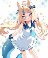 1girl :3 ahoge animal_ear_fluff animal_ears artist_name blonde_hair blue_eyes blue_hair blue_necktie blue_sailor_collar blunt_bangs bracelet cat_ears closed_eyes dress fang fins fish_tail frilled_dress frills hair_intakes hair_ribbon halftone highres indie_virtual_youtuber jewelry long_hair low_twintails multicolored_hair necktie one_side_up ribbon sailor_collar sameko_saba shark_tail simple_background sleeveless sleeveless_dress smile solo star_(symbol) streaked_hair tail twintails two-tone_hair very_long_hair virtual_youtuber vitter white_background white_dress