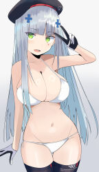 1girl beret bikini black_hat black_thighhighs blue_hair breasts cleavage clothes_writing collarbone commentary_request cowboy_shot cross_hair_ornament german_flag girls&#039;_frontline green_eyes grey_background hair_ornament hat highres hk416_(girls&#039;_frontline) jambayashi large_breasts long_hair looking_at_viewer navel open_mouth plaid_clothes side-tie_bikini_bottom simple_background solo stomach string_bikini swimsuit tattoo teardrop_facial_mark teardrop_tattoo thighhighs two-tone_gloves v white_bikini