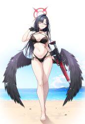 1girl ;) ;q absurdres assault_rifle bare_legs barefoot beach bikini black_bikini black_choker black_gloves black_hair black_wings blue_archive breasts bullpup choker commentary_request em-2 feathered_wings full_body gloves gluteal_fold groin gun halo highres holding holding_gun holding_weapon ichika_(blue_archive) long_hair looking_at_viewer mayoichi medium_breasts navel one_eye_closed outdoors rifle smile solo stomach straight_hair swimsuit thigh_gap toes tongue tongue_out very_long_hair weapon wings