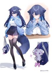 1girl :3 absurdres animal_ears artist_name bag black_shoes black_thighhighs blue_bag blue_bow blue_bowtie blue_eyes blue_hair blue_jacket blue_skirt bow bowtie breasts cat_ears cat_girl cat_tail character_charm charm_(object) closed_eyes collared_shirt colored_inner_hair commentary covering_own_mouth duchi0356 espurr eyes_visible_through_hair full_body gen_6_pokemon hair_between_eyes hand_up high-waist_skirt highres holding holding_bag jacket large_breasts loafers long_hair long_sleeves looking_at_viewer multicolored_hair multiple_views nintendo notice_lines original own_hands_together pink_bow plaid_bow pleated_skirt pokemon pokemon_(creature) shirt shirt_tucked_in shoes simple_background skirt sparkle spoken_flower standing standing_on_one_leg steepled_fingers tail thighhighs thighs white_background white_shirt