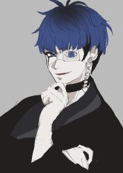 1boy black_hair blue_hair bridge_piercing collar earrings eyepatch face_piercing hand_up japanese_clothes jewelry lip_piercing looking_at_viewer male_focus multicolored_hair omokage_yugamu one_eye_covered open_mouth piercing simple_background smile solo solo_focus the_hundred_line_-last_defense_academy- upper_body