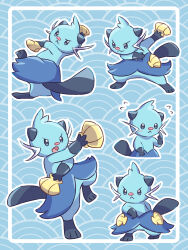 1other absurdres blue_eyes blue_fur bright_pupils commentary_request dewott fang full_body furry gen_5_pokemon highres holding neko_gyoza nintendo open_mouth pokemon pokemon_(creature) seashell shell smile standing standing_on_one_leg tail whiskers white_pupils