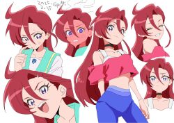 Rule 34 | 1girl, @ @, ahoge, artist name, blush, choker, closed eyes, closed mouth, crop top, dated, detached sleeves, embarrassed, facing viewer, full-face blush, grin, gya-tei, hair between eyes, highres, long hair, looking at viewer, looking down, multiple expressions, multiple views, open mouth, pants, precure, purple eyes, red hair, simple background, smile, standing, sweatdrop, takizawa asuka, teeth, tropical-rouge! precure, upper teeth only, v-shaped eyebrows, white background