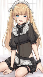 1girl akipeko window_blinds blonde_hair blue_eyes blush bracelet breasts collar covered_navel ear_piercing fangs highres jewelry leash long_hair looking_at_viewer maid_headdress navel on_bed open_mouth original piercing puffy_sleeves see-through_clothes sidelocks sitting small_breasts smile solo spiked_bracelet spiked_collar spikes thigh_strap twintails window