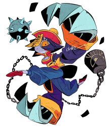 1girl blue_skin breasts chinese_clothes cleavage cleavage_cutout clothing_cutout colored_skin flipped_hair hat highres jiangshi hsien-ko long_sleeves looking_at_viewer medium_breasts ofuda pants purple_hair qingdai_guanmao red_footwear solo spike_ball darkstalkers white_background yamada9000 yellow_eyes