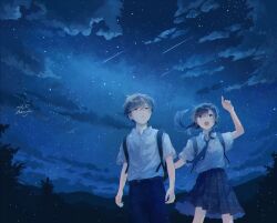 Rule 34 | 1boy, 1girl, :o, absurdres, amenojaku, backpack, bag, black bag, black hair, blue necktie, blue pants, blue skirt, blue theme, blush, cloud, collared shirt, commentary request, grey eyes, hair between eyes, highres, necktie, open mouth, original, pants, plaid clothes, plaid skirt, pleated skirt, pocket, pointing, pointing up, shirt, shirt tucked in, shooting star, signature, skirt, sky, star (sky), starry sky, teeth, tongue, upper teeth only, white shirt