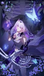 1girl absurdres black_tiara black_veil breasts bug butterfly castorice_(honkai:_star_rail) character_name commentary_request dress elbow_gloves flower flower_ornament gloves hair_flower hair_ornament highres honkai:_star_rail honkai_(series) insect long_hair medium_breasts pantyhose pointy_ears purple_eyes purple_gloves purple_hair see-through_clothes see-through_veil skeleton solo tiara tubakkkki65 veil white_dress white_pantyhose
