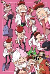 &gt;_&lt; 3girls 4boys aged_down apple arms_up black_gloves blonde_hair blush chalk closed_eyes coffee_mug cup dr._vegapunk facial_hair food freckles fruit gloves goggles goggles_on_head helmet highres holding holding_chalk holding_cup holding_food holding_fruit jacket lab_coat mug multicolored_hair multiple_boys multiple_girls mustache numbered one_piece open_mouth pink_background pink_hair pink_shirt polka_dot polka_dot_shirt purple_jacket robot shirt sidelocks small_sweatdrop smile snot sparkle squatting tanaka_(tanakya123) teeth tongue tongue_out two-tone_hair variations vegapunk_atlas vegapunk_edison vegapunk_lilith vegapunk_pythagoras vegapunk_shaka vegapunk_york white_hair