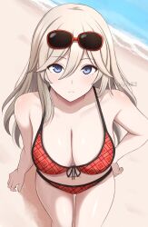 alisa_ilinichina_amiella bare_arms beach bikini blonde_hair blue_eyes blush breasts cleavage closed_mouth collarbone commentary_request eyewear_on_head god_eater hair_between_eyes hand_on_own_hip highres large_breasts long_hair looking_at_viewer navel outdoors red_bikini sidelocks standing sunglasses surippa1010 swimsuit twitter_username