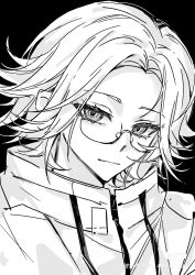 1boy aotsuki_eito artist_name closed_mouth coat glasses greyscale highres kaochuanyi9060 looking_at_viewer male_focus monochrome parted_bangs semi-rimless_eyewear short_hair simple_background smile solo the_hundred_line_-last_defense_academy- under-rim_eyewear upper_body watermark xiaohongshu_watermark