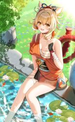 1girl absurdres bandaged_arm bandaged_leg bandages black_choker black_gloves black_sash blonde_hair chest_sarashi choker cocoa_11vv collarbone fingerless_gloves from_above genshin_impact gloves hadanugi_dousa hair_ornament happy_birthday highres japanese_clothes kimono light_rays looking_at_viewer looking_up obi obiage obijime open_kimono open_mouth orange_kimono ponytail rope sarashi sash shimenawa sitting soaking_feet solo vision_(genshin_impact) water yellow_eyes yoimiya_(genshin_impact)