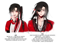 Rule 34 | 2boys, aninsigsi, black hair, braid, butterfly necklace, chinese clothes, collarbone, collared shirt, dual persona, eyepatch, fangs, hair ribbon, hand on own chin, hand up, hanfu, highres, hua cheng, jewelry, korean commentary, korean text, long hair, long sleeves, looking at viewer, male focus, multiple boys, necklace, official alternate hairstyle, one eye covered, open mouth, ponytail, red eyes, red hanfu, red ribbon, ribbon, san lang, shirt, side braid, side ponytail, sidelocks, silver necklace, simple background, single braid, smile, tianguan cifu, tress ribbon, upper body, white background, white shirt