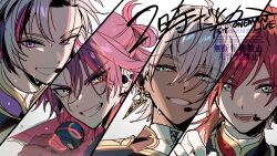 Rule 34 | 4boys, :d, black jacket, character request, gloves, grey hair, grin, headset, holding, holding microphone, ibrahim (nijisanji), jacket, male focus, microphone, multicolored hair, multiple boys, nijisanji, ninahachi, open mouth, portrait, purple eyes, purple hair, red gloves, red hair, shirt, smile, streaked hair, sweat, thick eyebrows, virtual youtuber, watarai hibari, watermark, white gloves, white shirt, yellow eyes