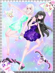 2girls bare_arms bare_legs bare_shoulders barefoot black_hair blonde_hair blunt_bangs bob_cut braid choker fairy floating floating_hair from_side galaxy gradient_background hair_ornament hair_ribbon hair_tie heart heart-shaped_pupils highres holding holding_stick holding_weapon kimi_to_idol_precure long_hair looking_at_viewer low_twin_braids medium_hair meroron_(human_form) meroron_(precure) multiple_girls musical_note parted_bangs partially_undressed precure purirun_(human_form) purirun_(precure) purple_eyes red_eyes ribbon ribbon_choker shiny_clothes signature stick stuffed_animal stuffed_toy symbol-shaped_pupils transformation transforming_clothes transforming_weapon twin_braids uta_(yagashiro25) very_long_hair watermark weapon