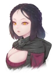 1girl black_cape black_hair breasts cape cleavage cropped_torso hood hood_down hooded_cape large_breasts looking_at_viewer orange_eyes parted_lips serana simple_background solo the_elder_scrolls the_elder_scrolls_v:_skyrim tomamatto upper_body white_background