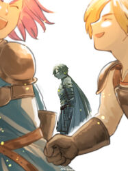 Rule 34 | 29000, 2boys, absurdres, aged down, aqua tunic, armor, belt, blonde hair, blurry, blurry foreground, breastplate, brown gloves, cape, clenched hand, closed eyes, commentary request, dragon quest, dragon quest xi, dual persona, floating hair, gloves, greig (dq11), highres, homeros (dq11), looking to the side, low ponytail, male focus, multiple boys, pauldrons, ponytail, profile, purple hair, running, shoulder armor, smile, solo focus, time paradox, tunic, white background, white tunic