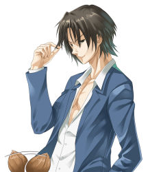 Rule 34 | 00s, 1girl, ahoge, black hair, brown eyes, brown hair, coconut, female focus, gogochi, highres, hosaka (minami-ke), minami-ke, minami chiaki, open clothes, open shirt, school uniform, sexually suggestive, shirt, solo