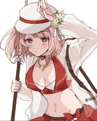 1girl bikini breasts cleavage fire_emblem fire_emblem_engage fire_emblem_heroes flat_cap flower harpoon hat highres holding_harpoon jacket jewelry lapis_(fire_emblem) lapis_(forager_of_the_sea)_(fire_emblem) medium_breasts necklace nintendo oda32t official_alternate_costume pink_eyes pink_hair red_bikini see-through_clothes see-through_jacket solo sunflower swimsuit two-tone_hat white_hat white_jacket