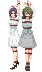 Rule 34 | 2girls, absurdres, antenna hair, arms up, bdsm, black footwear, black hair, blush, bondage, bound, bound ankles, bound knees, bound legs, bound thighs, bound torso, bound wrists, breast bondage, breasts, brown footwear, buttons, camisole, clenched teeth, closed mouth, collar, collarbone, collared dress, dot nose, dress, forehead, frilled dress, frills, green camisole, green hair, grey skirt, high heels, highres, idolmaster, idolmaster (classic), idolmaster million live!, idolmaster million live! theater days, kikuchi makoto, large breasts, long sleeves, looking at viewer, medium hair, milliani, multiple girls, nagayoshi subaru, official alternate costume, parted bangs, plaid clothes, plaid skirt, private dress (idolmaster million live!), puffy short sleeves, puffy sleeves, purple eyes, red eyes, red rope, rope, rope gag, short hair, short sleeves, sidelocks, simple background, skirt, straight hair, teeth, waist ribbon, white background, white collar, white dress