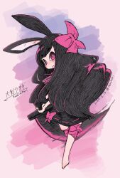 Rule 34 | 1girl, animal ears, bandaged leg, bandages, barefoot, black dress, black hair, blunt bangs, bow, closed mouth, commentary request, dress, full body, hair bow, heavyblade rabbit, highres, holding, holding sword, holding weapon, long hair, looking at viewer, motion blur, pink bow, pink eyes, rabbit and steel, rabbit ears, rabbit girl, shirabaki, solo, sword, very long hair, weapon