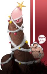 1boy absol_(dkqthf) bad_id bad_pixiv_id christmas christmas_tree hat huge_penis mini_person miniboy muscular object_insertion penis pubic_hair santa_hat solo star_(symbol) urethral_insertion