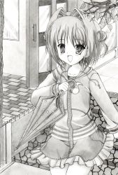 1girl absurdres asakura_yume blush da_capo da_capo_ii female_focus highres monochrome rinsu short_hair solo umbrella