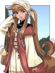 1girl animal_ears bad_id bad_pixiv_id bag brown_eyes brown_hair centaur female_focus lowres monster_girl oekaki original pixel_art ponytail punpun solo tail taur
