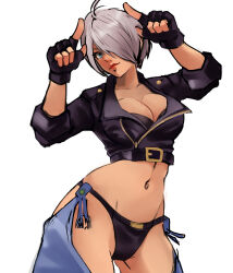 1girl absurdres angel_(kof) blue_eyes breasts cleavage female_focus fingerless_gloves gloves greencash grey_hair highres jacket large_breasts leather leather_gloves leather_jacket pale_skin panties short_hair solo the_king_of_fighters thighs underwear wide_hips