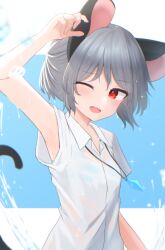 Rule 34 | 1girl, animal ears, arm up, armpits, blue background, blush, collared shirt, commentary request, dakuazu, grey hair, mouse ears, mouse girl, mouse tail, nazrin, one eye closed, open mouth, puffy short sleeves, puffy sleeves, red eyes, see-through clothes, see-through shirt, shirt, short hair, short sleeves, simple background, smile, solo, tail, touhou, two-tone background, upper body, water, wet, wet clothes, white background, white shirt