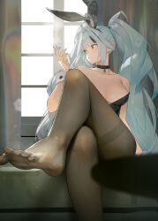 1girl absurdres animal_ear_hairband animal_ears black_choker black_leotard black_pantyhose blue_hair choker collarbone fake_animal_ears feet fine_fabric_emphasis foreshortening hairband highres jung_wonjo legs leotard long_hair neck no_shoes original pantyhose playboy_bunny purple_eyes rabbit_ear_hairband rabbit_ears soles solo thighband_pantyhose thighs toes very_long_hair white_wrist_cuffs wrist_cuffs