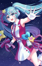 Rule 34 | 1girl, absurdres, armpits, blush, bow, bowtie, dress, gloves, hair between eyes, hair ornament, hair ribbon, hatsune miku, headphones, highres, holding, holding microphone stand, long hair, magical mirai (vocaloid), magical mirai miku, magical mirai miku (2022), microphone stand, necktie, official alternate costume, official alternate hairstyle, open mouth, red dress, ribbon, sky, smile, solo, star (sky), star (symbol), star hair ornament, starry sky, striped bow, striped bowtie, striped clothes, striped necktie, striped ribbon, thigh strap, twintails, very long hair, vocaloid, white gloves, yeerasuto