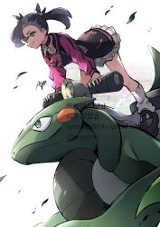 1girl ayo_(ayosanri009) black_choker black_hair black_shoes bow bowtie choker closed_mouth collared_shirt commentary_request creatures_(company) cyclizar earrings eyelashes falling_leaves game_freak glint green_eyes highres holding jacket jewelry knees leaf long_sleeves marnie_(academy)_(pokemon) marnie_(pokemon) nintendo official_alternate_costume pink_bow pink_bowtie pink_jacket pleated_skirt pokemon pokemon_(creature) pokemon_masters_ex shirt shoes skirt smile socks watermark white_background white_shirt white_socks