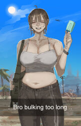 1girl =_= ahoge bag bare_shoulders belly black_pants blue_sky breasts brown_hair camisole character_name cleavage closed_eyes collarbone cowboy_shot cropped_shirt day emma_(futaba_141) english_text flying food futaba_141 glasses highres holding holding_food holding_ice_cream ice_cream large_breasts mole mole_on_breast mole_under_mouth monster navel original outdoors palm_tree pants plump power_lines short_hair shoulder_bag signature sky smile solo tree twitter_username utility_pole white_camisole