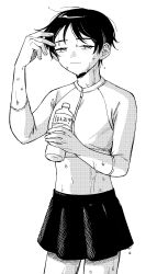 1girl bottle crop_top cropped_jacket futsuu_no_keion-bu greyscale highres holding holding_bottle kouyama_rin long_sleeves midriff monochrome pixie_cut plastic_bottle pleated_skirt rra_(yj) short_hair skirt solo sweat water_bottle zipper