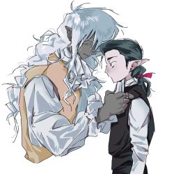 2boys age_difference aged_down baldur&#039;s_gate baldur&#039;s_gate_3 cazador_szarr colored_skin dark_elf dungeons_&amp;_dragons dungeons_&amp;_dragons earrings elf grey_skin hair_slicked_back highres jewelry long_hair low_ponytail multiple_boys pointy_ears ponytail ring upper_body vellioth vest white_background white_hair whxqxqaaa!