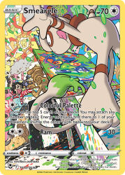 1boy apron artist_(pokemon) artist_name black_hair canvas_(object) card_(medium) character_name company_name copyright_name copyright_notice dust_cloud easel english_text gen_2_pokemon grey_pants grey_shoes hammer holding holding_hammer multicolored_hair nintendo official_art open_mouth oshiyama_kiyotaka paint paint_splatter painting_(action) painting_(object) pants pokemon pokemon_(creature) pokemon_card pokemon_focus pokemon_swsh pokemon_tcg pumpkin sculpture shirt shoes short_hair smeargle smile striped_clothes striped_shirt third-party_source tongue tongue_out trading_card two-tone_hair v-shaped_eyebrows