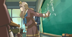1boy 3girls board_eraser brown_hair chalkboard fuyuhino hair_ribbon hibike!_euphonium leaning_forward long_hair multiple_girls music_stand outstretched_arm people ribbon school_uniform table taki_noboru window yoshikawa_yuuko
