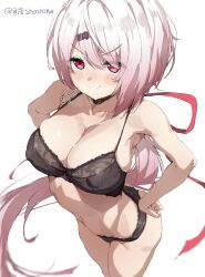 Rule 34 | 1girl, black bra, black panties, blush, bra, breasts, cleavage, closed mouth, collarbone, hair ribbon, highres, large breasts, long hair, looking at viewer, low ponytail, navel, nijisanji, panties, pink eyes, pink hair, pink ribbon, ponytail, ribbon, shiina yuika, shoshika8888888, simple background, smile, solo, stomach, thighs, underwear, virtual youtuber, white background