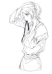 1other adjusting_hair androgynous chinese_commentary commentary_request cropped_legs expressionless fingernails from_side fujiwara_no_iyozane hand_in_own_hair hand_on_own_head highres japanese_clothes jishixingle1029 kimono len&#039;en lineart long_sleeves looking_ahead mouth_hold one_side_up other_focus ribbon short_hair simple_background solo white_background wide_sleeves