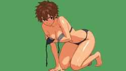 &gt;:( barefoot blush brown_eyes brown_hair character_request green_background navel original picopico256 short_hair simple_background tagme v-shaped_eyebrows