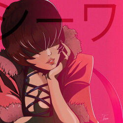 1girl breasts cleavage_cutout clothing_cutout female_focus fishnets fluffy glowing huge_breasts jacket large_breasts long_hair pale_skin parada_sebas parada_sebastian ponytail red_hair sebastian_parada shermie_(kof) the_king_of_fighters thick_lips