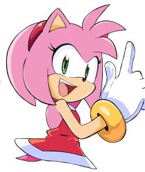 1girl :d amy_rose dress fang from_side furry furry_female gloves green_eyes hairband highres looking_at_viewer open_mouth pink_fur pink_hair randomguy9991 red_dress red_hairband short_hair smile solo sonic_(series) white_background white_gloves