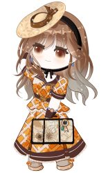 Rule 34 | 1girl, absurdres, argyle clothes, argyle shirt, argyle skirt, arm behind head, black bow, black bowtie, black hairband, bow, bowtie, brown eyes, brown gloves, brown hair, brown ribbon, brown shoes, chibi, closed mouth, collared shirt, earrings, eyelashes, floral print, footwear bow, frilled shirt, frilled skirt, frills, gloves, grey pantyhose, hairband, happy, hat, hat ribbon, highres, holding, holding suitcase, infinity nikki, jewelry, light blush, light particles, long hair, looking ahead, mary janes, mini hat, nikki (series), orange bow, orange shirt, orange skirt, pantyhose, pleated skirt, puffy short sleeves, puffy sleeves, ribbon, shirt, shoes, short sleeves, simple background, skirt, smile, solo, sparkle, sphere earrings, standing, suitcase, sun hat, tareme, timeless echo (infinity nikki), watch, wavy hair, white background, wristwatch, yellow hat, zhizhizhizhizhizong