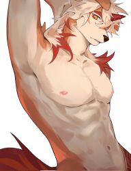 1boy abs arknights arm_behind_head armpits axianorange bara colored_tips completely_nude corrupted_twitter_file furry furry_male highres horns hung_(arknights) komainu_boy komainu_ears komainu_tail looking_at_viewer male_focus multicolored_hair nude orange_eyes out-of-frame_censoring pectorals presenting_armpit single_horn toned toned_male upper_body white_background
