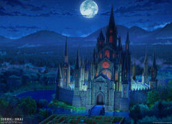 3d architecture arsenixc building castle cloud commentary commentary_request copyright_name copyright_notice defensive_wall drawbridge english_commentary flower fog forest fountain full_moon gothic_architecture hedge_maze highres landscape mixed-language_commentary moon moonlight nature night night_sky nikki_(series) no_humans official_art red_flower reflection reflective_water river scenery shining_nikki sky star_(sky) starry_sky tower window