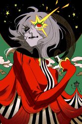 1girl black_eyes black_sclera blood colored_sclera green_background grey_hair hand_up heterochromia highres horns long_hair momomo_906 nosebleed original red_eyes ringed_eyes sharp_teeth sheep_girl sheep_horns solo teeth upper_body