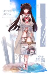 1girl alternate_costume alternate_hairstyle barefoot bikini black_bikini black_choker black_hair black_nails bow bow_choker breasts breasts_apart bright_pupils center_opening character_name chisa_(wuthering_waves) choker closed_mouth clothes_down commentary full_body grey_jacket hair_ribbon highres holding_own_arm jacket long_hair looking_at_viewer lt26 medium_breasts nail_polish navel neckerchief red_bow red_eyes red_neckerchief red_ribbon ribbon sailor_collar solo stomach swimsuit tacet_mark_(wuthering_waves) thighs toenail_polish toenails watermark white_pupils white_sailor_collar wuthering_waves