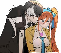 1boy 1girl absurdres ace_attorney athena_cykes bbaen0w0 black_hair black_jacket black_necktie blue_bow blue_eyes blue_necktie blush bow closed_mouth collared_shirt crescent crescent_earrings earrings hair_between_eyes hair_bow highres jacket jewelry long_hair multicolored_hair necklace necktie open_clothes open_jacket orange_hair shirt side_ponytail simon_blackquill sweat two-tone_hair upper_body white_background white_hair white_shirt yellow_jacket