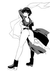 1girl ass bare_arms bare_legs bare_shoulders breasts clothes_lift cowboy_shot crop_top curvy dutch_angle embarrassed full_body haruhisky highleg highleg_panties houshin_engi leg_tattoo lifting_own_clothes long_eyelashes looking_back medium_breasts midriff monochrome navel ou_kijin panties pelvic_curtain pelvic_curtain_lift shiny_skin shirt_lift short_hair simple_background sleeveless solo standing sweat tattoo thong underwear wide_hips